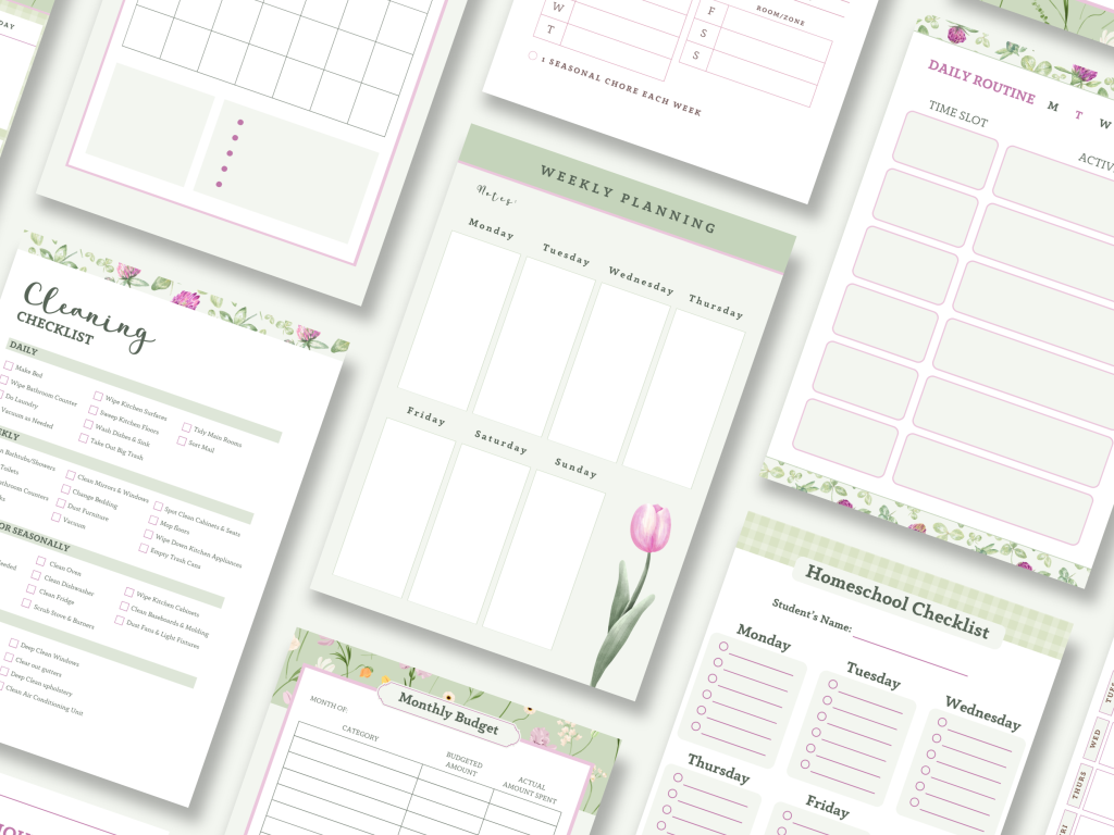 pink and green floral feminine homemaking planning sheets printable pages