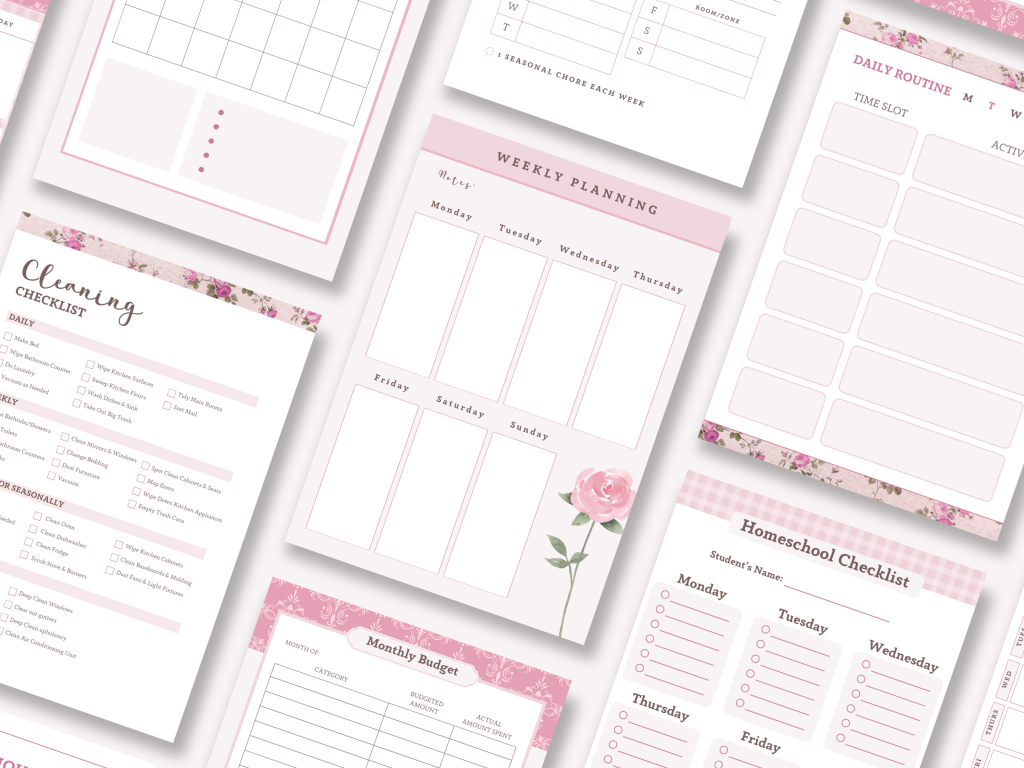 Pink floral coquette homemaking planning sheets printable pages