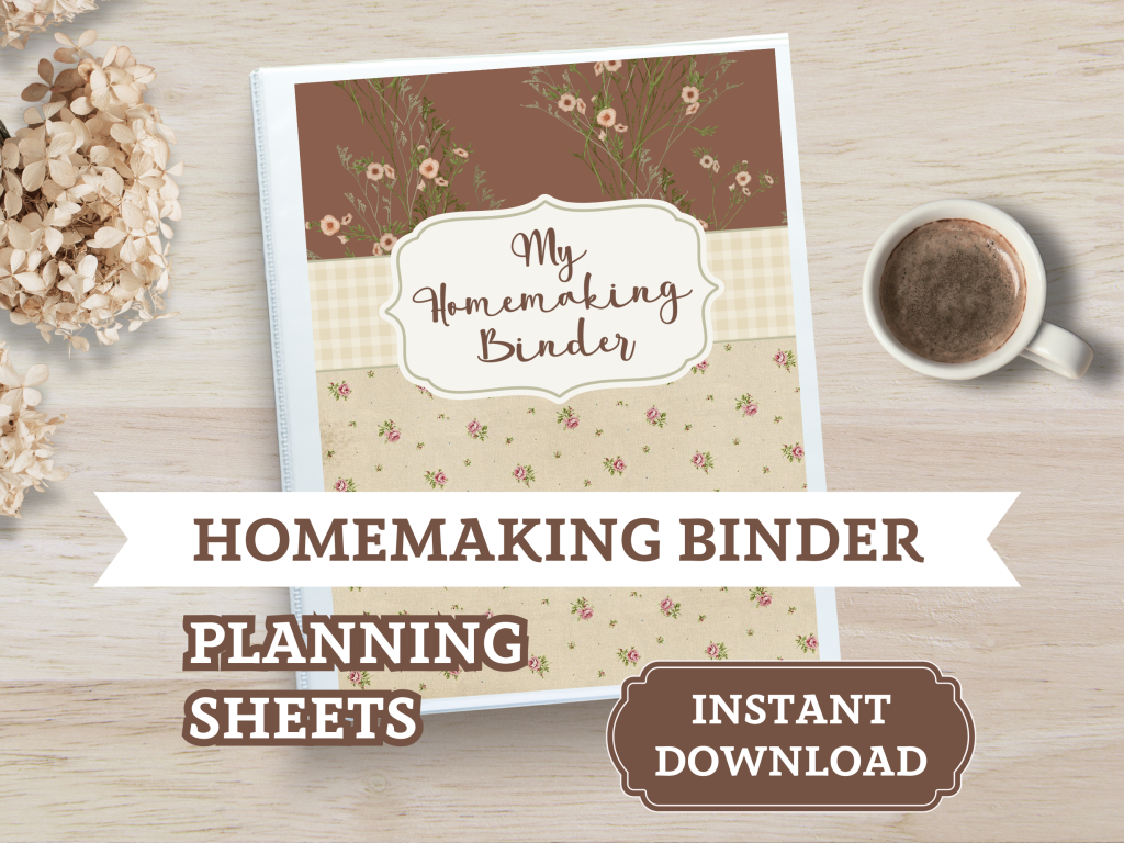 brown neutral beige floral cottagecore homemaking binder planning sheets digital download